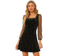 Allegra K Mini Abito da Donna in Velluto a Maniche Lunghe con Scollo Quadrato e Stelle Glitterate, Nero, XS