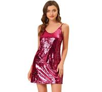 Allegra K, Mini Abito da Donna Scintillante con Glitter e Paillettes, Spalline Sottili e Scollo a V, Adatto per Feste, Cocktail, Discoteca, Vino Rosso, L