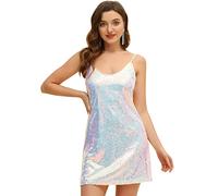 Allegra K, Mini Abito da Donna Scintillante con Glitter e Paillettes, Spalline Sottili e Scollo a V, Adatto per Feste, Cocktail, Discoteca, Bianco, Blu, XL
