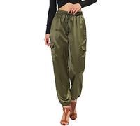 Allegra K Pantaloni Cargo da Donna in Raso di Seta con Elastico a Vita Alta con Coulisse Casual Elegante