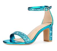 Allegra K Sandali da donna con tacco grosso e cinturino alla caviglia glitter, Blu lago, 41 EU