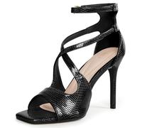 Allegra K Sandali da donna in pelle verniciata con cinturino alla caviglia punta quadrata tacco a spillo, Nero , 38 EU