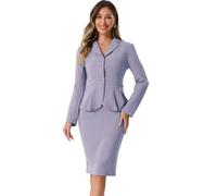 Allegra K - Set completi da donna, 2 pezzi, con giacca formale da ufficio, risvolto dentellato, peplum, giacca blazer e gonne a matita, Grigio e viola., XL