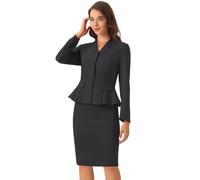 Allegra K - Set completo da lavoro da donna, 2 pezzi, blazer senza colletto a maniche lunghe e gonna a matita con vita alta, Grigio scuro, L