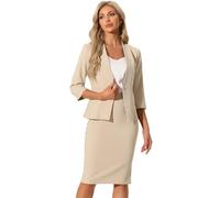 Allegra K Set Completo da Lavoro per Donna, 2 Pezzi, Ufficio, Blazer Senza Collo, Gonna a Matita, cachi, M