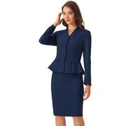 Allegra K Set da 2 pezzi, abito da donna a maniche lunghe senza colletto con peplo blazer e gonne a matita, Blu scuro, S