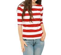 Allegra K T-Shirt da Donna vestibilità Aderente, Manica al Gomito a Righe, Scollo a Barca, Rosso, L