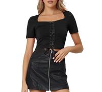 Allegra K Top con Lacci per Magliette Casual a Maniche Corte con Collo Quadrato Corto da Donna Nero XS