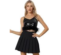 Allegra K Top Corto con Paillettes metallizzate per Top da Donna Senza Maniche con Scollo a V e Glitter Scintillanti Nero XL