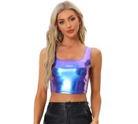 Allegra K Top corto da donna canotta con scollo a U senza maniche party Clubwear lucido metallizzato, Blu e viola., M