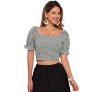 Allegra K Top Corto Smock per Top Scozzesi a Quadretti contadini con Maniche a Palloncino da Donna Nero Bianco XL