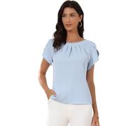Allegra K Top da Donna a Maniche Corte per Camicette Casual Scollo Rotondo Pieghe sul Davanti Magliette Estive Basiche Azzurro L