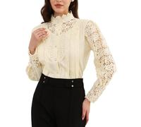 Allegra K Top da Donna con Bordo in Pizzo per Elegante Camicetta Vittoriana con Colletto Rialzato e Maniche Lunghe e Bottoni Beige XL