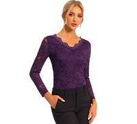 Allegra K Top da Donna in Pizzo Trasparente a Maniche Lunghe con Ricamo florealeViola S