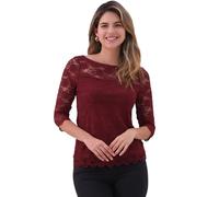 Allegra K Top Donna in Pizzo Floreale con Maniche 3/4 e Scollo Rotondo Rosso Scuro S