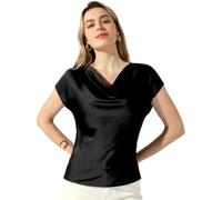 Allegra K Top in Raso da Donna a Maniche Corte con Collo ad Anello Camicetta Casual Elegante per Festa di Halloween Nero S