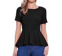 Allegra K Top Peplo da Donna T-Shirt Elasticizzata a Maniche Corte con Scollo Tondo Camicetta Classica da Lavoro Nero L