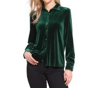 Allegra K Top vintage in velluto da donna autunno inverno colletto manica lunga button down camicia, Verde, L