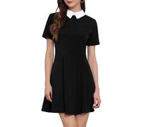 Allegra K - Vestito da Donna, con Colletto, a Maniche Corte, con Gonna a Campana Nero Nero