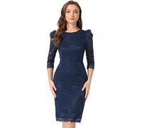 Allegra K Vestito Elegante Donna in Pizzo Floreale Tubino Maniche 3/4 Girocollo Abito Aderente da Lavoro Ufficio per Festa di Halloween Blu Scuro XL