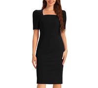 Allegra K Vestito Tubino da Donna con Collo Quadrato Maniche a Sbuffo Spacco Posteriore sopra Il Ginocchi Abito Casual da Lavoro Nero S