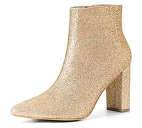 Allegra K Women's Glitter Pointed Toe Chunky Heel Gold Ankle Boots 7 M US