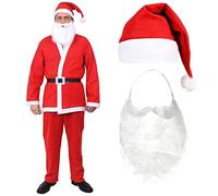 ALLEGRO ABITO DA BABBO NATALE ECONOMICO A 5 PEZZI COSTUME PER UOMINI - GIACCA E PANTALONI ROSSI + CINTURA A NASTRO NERA + CAPPELLO ROSSO + BARBA E BAFFI ELASTICIZZATI - TAGLIA: X-GRANDE
