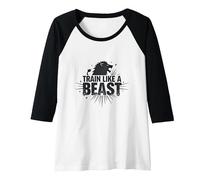Allenati Come Una Bestia: Fierce Lion Motivational Maglia con Maniche Raglan, Donna, Bianco/Nero, L