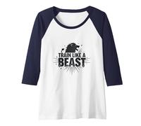 Allenati Come Una Bestia: Fierce Lion Motivational Maglia con Maniche Raglan, Donna, Navy/Bianco, XL