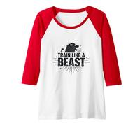 Allenati Come Una Bestia: Fierce Lion Motivational Maglia con Maniche Raglan, Donna, Rosso/Bianco, M