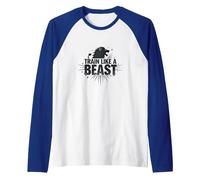 Allenati Come Una Bestia: Fierce Lion Motivational Maglia con Maniche Raglan, Uomo, Blu Reale/Bianco, XXL