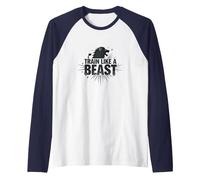 Allenati Come Una Bestia: Fierce Lion Motivational Maglia con Maniche Raglan, Uomo, Navy/Bianco, S