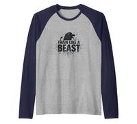 Allenati Come Una Bestia: Fierce Lion Motivational Maglia con Maniche Raglan, Uomo, Navy/Grigio (Athletic Heather), XL
