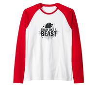 Allenati Come Una Bestia: Fierce Lion Motivational Maglia con Maniche Raglan, Uomo, Rosso/Bianco, L