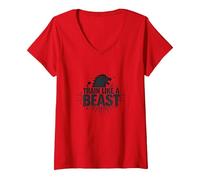 Allenati Come Una Bestia: Motivazionale del Leone feroce Maglietta con Collo a V, Donna, Rosso, XL