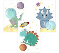 ALLEOVS® - Poster di decorazione della stanza degli astronauti di dinosauri - Stampa artistica della parete di Dino Space - Set di 3 immagini 21 x 29,7 cm - per ragazzi e ragazze