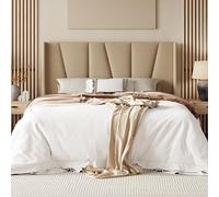 Allewie Struttura letto con piattaforma wingback completamente imbottita con testiera geometrica, supporto a doghe in legno, senza bisogno di molle, facile da montare, beige chiaro