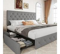 Allewie Struttura letto imbottita king size con 4 cassetti e testiera, materasso trapuntato con bottoni cuciti a diamante, con supporto a doghe in legno, senza bisogno di molle, grigio chiaro