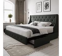 Allewie Struttura letto king size con 4 cassetti e testiera con schienale alare, design trapuntato con bottoni, senza bisogno di molle, grigio scuro
