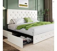 Allewie Struttura letto king size con 4 cassetti e testiera / imbottito con bottoni cuciti a diamante, supporto a doghe in legno, fondazione per materasso, senza bisogno di molle di scatola/bianco