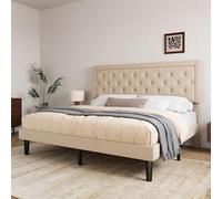 Allewie Struttura letto king size, con testiera trapuntata imbottita in tessuto, con bottoni a diamante, testiera regolabile, supporto a doghe in legno, base per materasso, beige (king size)