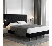 Allewie Struttura per letto king size, imbottita, con testiera regolabile, trapuntata con bottoni, supporto a doghe in legno, facile da montare, colore nero