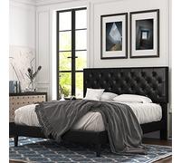 Allewie Telaio letto completo con testiera imbottita regolabile in pelle sintetica imbottita e bottoni cuciti in diamante con doghe in legno facili da montare, nero scuro