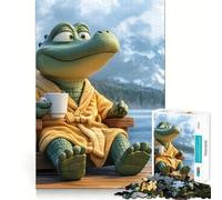 Alligatore in relax con caffè in riva al lago, puzzle da 1000 pezzi per adulti, gioco stimolante per la casa, taglio liscio, sorpresa di Natale (38x26cm)