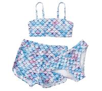 Allmeingeld Bikini da bambina, 3 pezzi, con gonna copricostume, protezione solare, per bambini dai 5 ai 12 anni, Sirena, 11-12 Anni