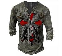 AllMonyba Maglietta Vintage Henley da Uomo Cavalieri Templari Grafica 3D Stampata Oversize Manica Lunga Bottone Distressed T-Shirts