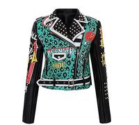 Alloaone Giacca Da Donna In Pelle Con Risvolto Graffiti Stampa Lettera Rivetto Stile Punk Giacca Da Motociclista Cool Streetwear EN8 leopard S