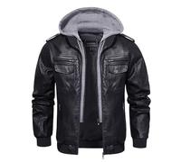 Alloaone Men’S PU Faux Leather Motorcycle Bomber Jacket With Removable Hood Windproof Vintage Outerwear Black M