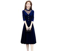 Alloaone Ufficio Lady Elegante Svuotare Velluto Delle Donne Vintage Manica Lunga Abito Trapezio Slim Velluto Abiti Blu 3XL
