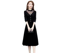 Alloaone Ufficio Lady Elegante Svuotare Velluto Delle Donne Vintage Manica Lunga Abito Trapezio Slim Velluto Abiti Nero XXL